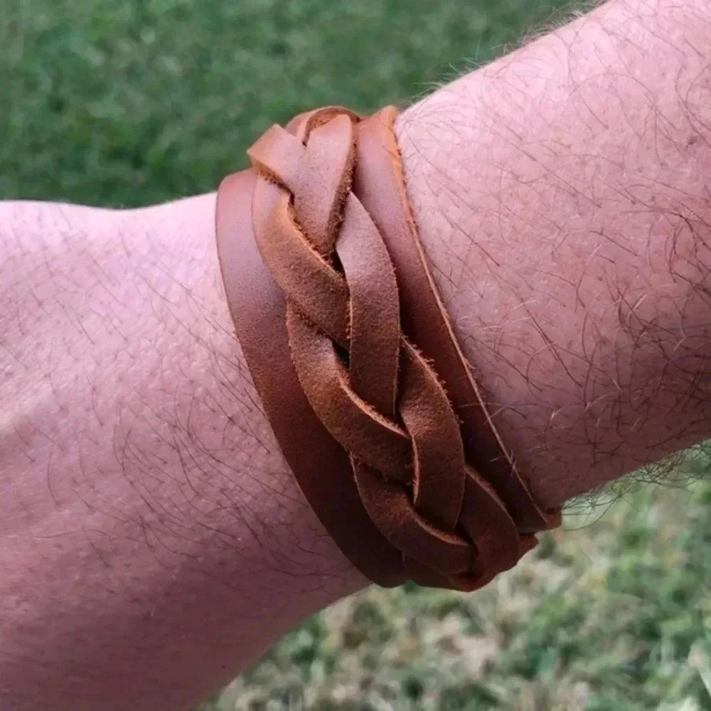Handcrafted Leather Braided Snap Celtic Viking Pirate Cuff Brown Bracelet
